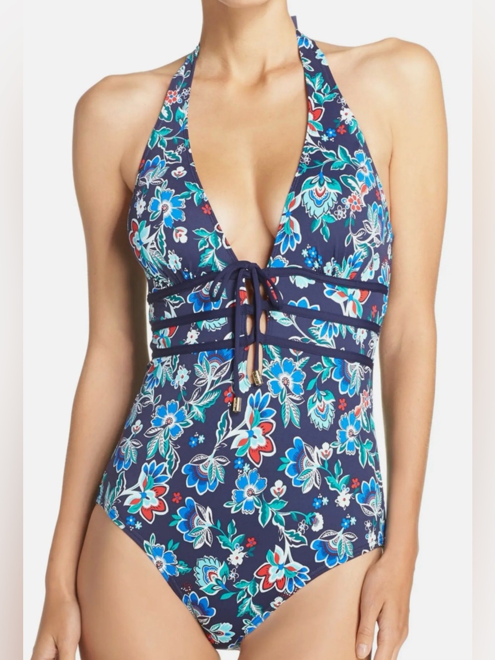 Tommy Bahama Floral Halter One Piece Swimsuit Size 8 Navy Lace Up
